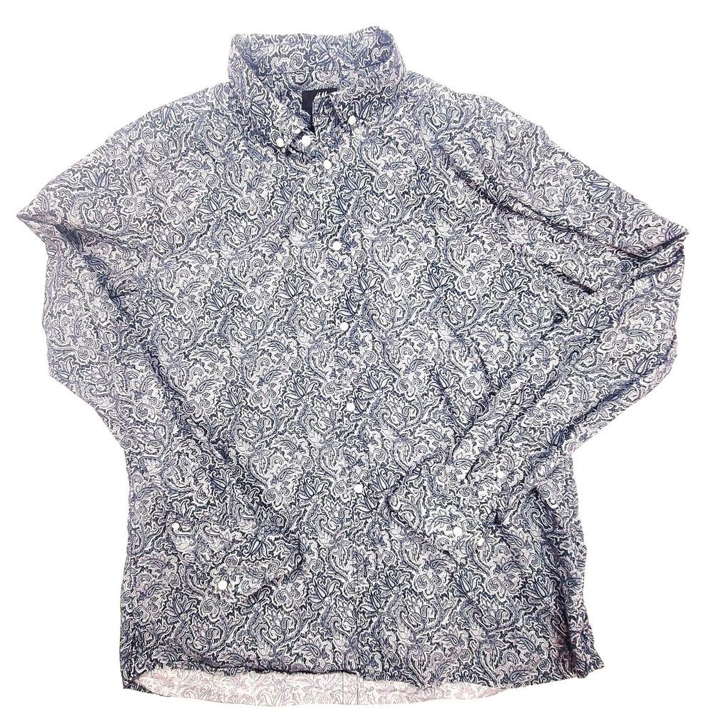 H&M Shirt Men's Blue XL Paisley Printed Regular Fit Turn-Down Collar Button Down